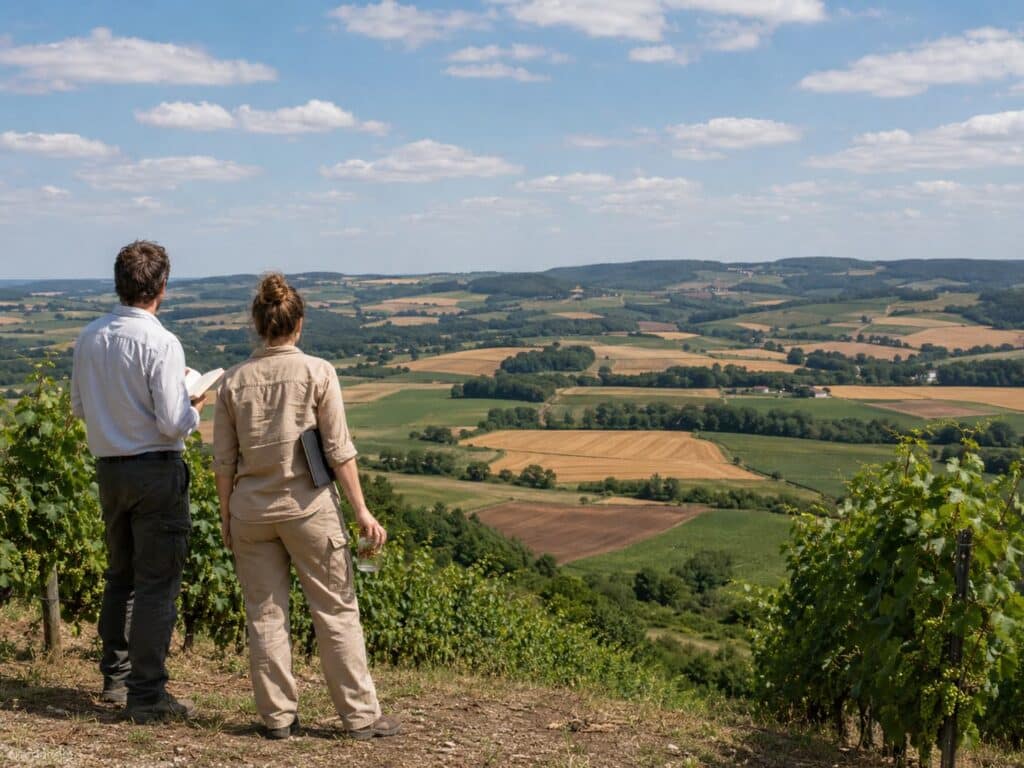 A couple watching fields from a hill